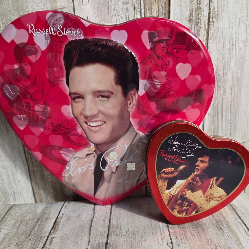 Elvis Presley Russell Stover Heart Candy Tins Set /2 Pink Red Music Memorabilia